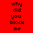 Red background with black text reading 'why did you block me' in three , where blue rectangles highlight different text segments across frames