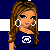 Pixelated character with long brown hair and hoop earrings in a blue outfit with white symbols, standing against a blue and white striped background with text and heart symbols.