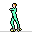 Pixelated character in mint green jumpsuit with brown hair and yellow shoes performing multiple motion sequences against gray background.