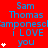 Red background with blue text repeating 'Sam Thomas' and 'i LOVE you', white star symbols, and a gray rectangle in the bottom-right corner.