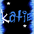 Animated icon with repeating blue text 'katie' on black background, white stars, and vertical light streaks; some frames show partial text in white.