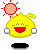 Pixelated yellow cartoon character with red mouth, white hands, and pink cheeks under a red sun symbol on gray background.