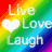 Rainbow gradient background with 'Live Love Laugh' text and heart symbol, plus a of small icons including nail polish, bow, camera, and handbag