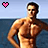 A shirtless man with dark hair stands against a blue background, hands on hips; three views show heart icons changing from pink to white.