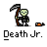Pixel art contact sheet of six animated frames showing a small green-skinned character holding a scythe with an orange object changing position across frames, labeled "Death Jr." below each frame on gray background.