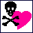 Pixelated black skull with white eye sockets and nose cavity, crossed bones beneath it, and a bright pink heart overlapping the right side of the skull.