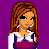 Pixel art of a female character with long brown hair, wearing white and purple cheerleading attire against a solid purple background.