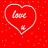 Red background with white heart outlines containing text, six variations of 'love is' phrases below hearts.