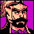Pixelated cartoon-style icon of a bearded man with light hair and mustache against purple background, featuring dithering effects and visible pixelation.