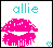 Pixelated icon with cyan text 'allie' above a large pink lip graphic on white background, bordered by black frame.