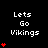 Pixelated text 'Lets Go Vikings' in white on black background with red heart symbols varying in quantity and arrangement across frames.