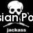 Black background with white skull-and-crossbones symbols and text reading 'ian Po Stern', 'Jackass', 'But Fai' across three sections.