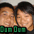 Two people smiling closely together with green text 'Dum Dum' below, a cartoon couple holding hands under pink heart, and interlocked black-and-blue hearts on white background.