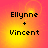 Pixelated text "Ellynne + Vincent" on a gradient background with subtle circular light effects.