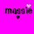 Pixelated text 'maggie' on bright pink background with small heart and animated sparkles above the letter 'e'.