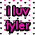 Pixelated text 'i luv tyler' in pink with black outlines on a white background patterned with small pink and black shapes.