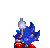 Pixelated blue character with red shoes and white gloves holds a silver hammer, displayed across three with text overlays