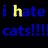 Blue text on black background repeats 'i hate cats!!!' with colored letters, accompanied by three cat images.