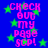 Blue background with green stars and pink pixelated text reading 'CHECK OUT MY PAGE SCP!' repeated in four vertical sections.