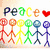 Colorful stick figures holding hands under 'peace' text with a red heart, next to a Chinese character '愛' and 'love' text, and a group photo with 'Jonas' text.
