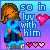 Pixel art buddy icon featuring a cartoon woman with brown hair in blue clothing, pink hearts, and text reading "so in luv with him" on a gradient background.