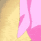 Animated sequence of a character with dark green hair and pink hooded clothing, showing head movement from profile to front view against a beige background.