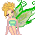 A 3x3 contact sheet of an animated pixel art fairy icon with green wings and a turquoise top, showing frame-by-frame changes in wing position and text visibility.