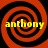 Four identical spiral patterns with red and black rings, each containing yellow text reading 'anthony' on a dark background.