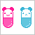 Pixel art pill-shaped characters with pink and blue halves, displaying varied expressions and floating hearts.