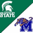 Green and white diagonal split background with Spartan helmet logo and 'MICHIGAN STATE' text on left, blue elephant figure on right.