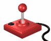 Red arcade stick with silver lever and black button on white background, shown in of animation