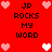 Red background with pixelated text "JP ROCKS MY WORD" and heart symbols in pink and white, arranged in a pattern