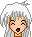 Pixel art character with white hair and blue eyes showing six distinct facial expressions on a gray background.