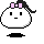 Pixelated character with white rounded head, black hair tied with pink bow, two small square eyes, and a horizontal mouth line on gray background.