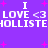 Purple background with pink starbursts and repeated white text reading "I LOVE <3 HOLLISTE+HOLLISTE" in two identical horizontal