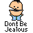Pixelated character with black hair and mustache holding a gun, standing against gray background with text "Don't Be Jealous" below and "Instant Icons .com" to the right.