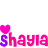 Pixelated text 'shaylashayla' repeated twice with pink and purple lettering, each line topped by three pink hearts on a white background.