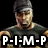 Pixelated image of a person wearing a dark cap and green shirt with bold white text "P-I-M-P" overlaid on a black background.