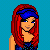 Pixel art buddy icon featuring a red-haired character with blue headband and purple dress on left, next to pink heart-shaped text bubble reading 'love being a redhead' on right.