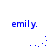 Blue pixelated text 'emily.' appears in four quadrants with animated blue dot patterns below each instance on a white background.