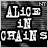 A black-and-white animated contact sheet of three frames showing the text "ALICE IN CHAINS" in pixelated font with varying letter clarity and spacing across frames.