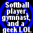 Four identical circular icons with blue spiral outlines and black backgrounds, each containing white text reading "Softball player, gymnast, and a geek LOL".