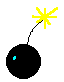A black spherical object with a blue dot on its side, shown in where the fuse changes from yellow starburst to short stick and flag, then displays 'BANG!' text
