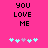 Pixelated text 'YOU LOVE ME' in black on bright pink background with two of five pixel hearts below