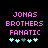 Pixelated text 'JONAS BROTHERS FANATIC' in pink on black background with cyan and teal heart symbols below, two variations of symbol arrangement.