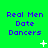 Green background with purple text reading "Real Men Date Dancers" and white pixelated symbols changing across three