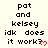 Pixelated text displays 'pat and kelsey idk does it work?' with red heart symbols, arranged in a pattern on a light background