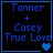Four blue-outlined display 'Tanner + Casey True Love' text with heart symbols changing from one to two to three hearts across frames