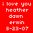 Red background with white pixelated text repeating 'i love you heather dawn erwin 8-23-07' in two identical vertical