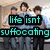 Three people in light blue shirts and dark pants stand together with text overlays reading "life isnt suffocating," "air isnt overrated," and "take a breath- jobros".